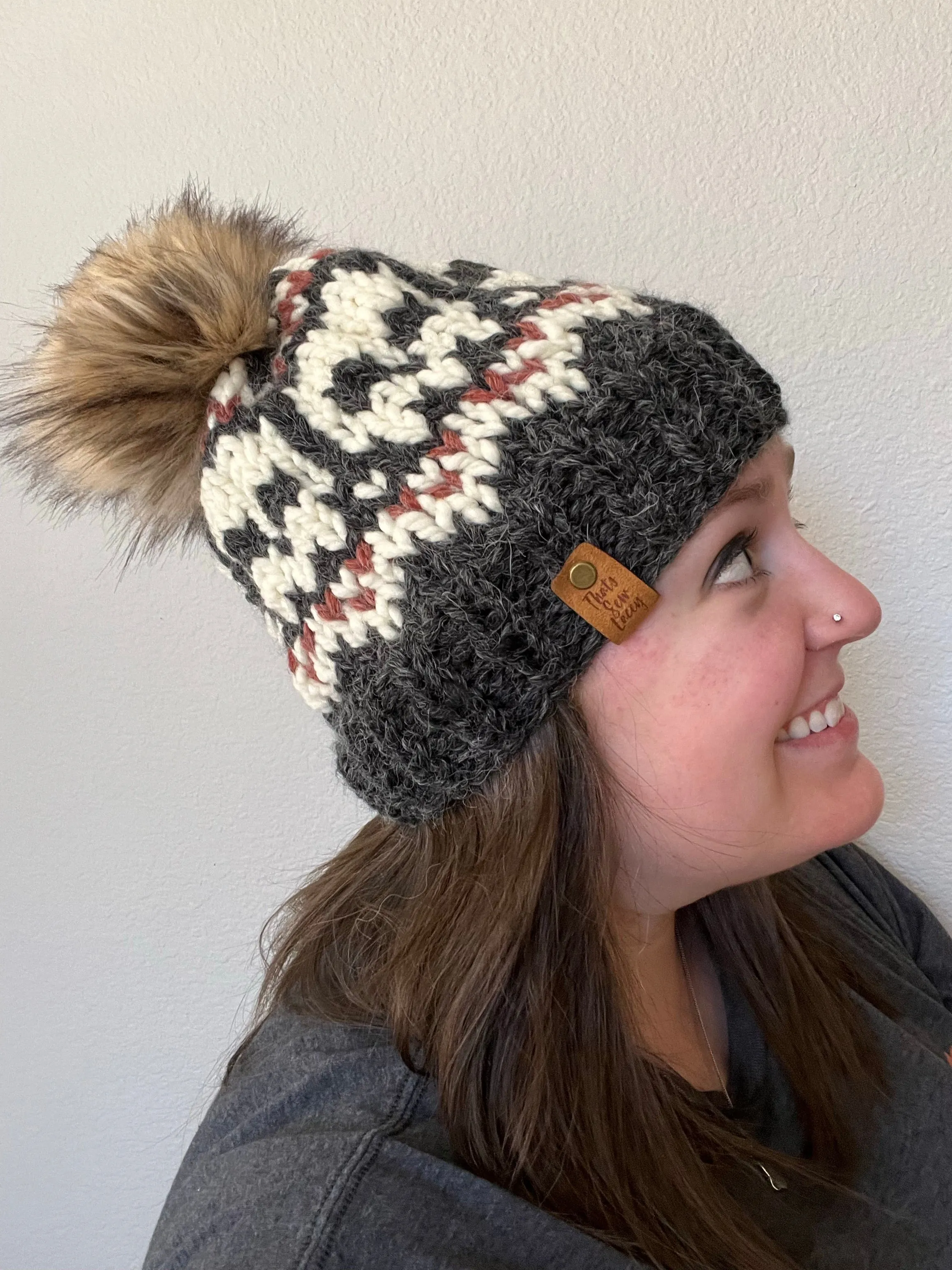 Skull Beanie with Faux Fur Pom