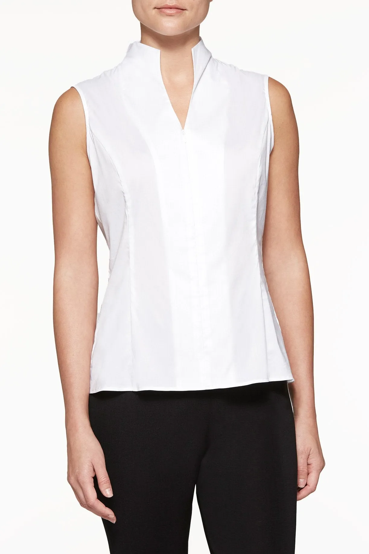 Sleeveless Zip-Up Stretch Cotton Shirt, White