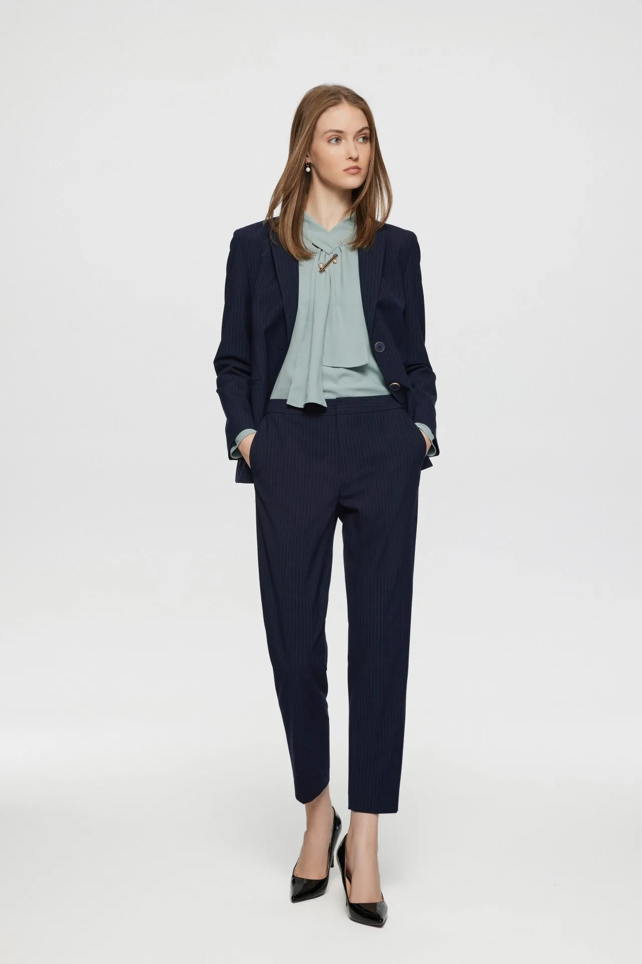 Sofia Soft Touch Classic Stripe Suit Blazer with Scarf