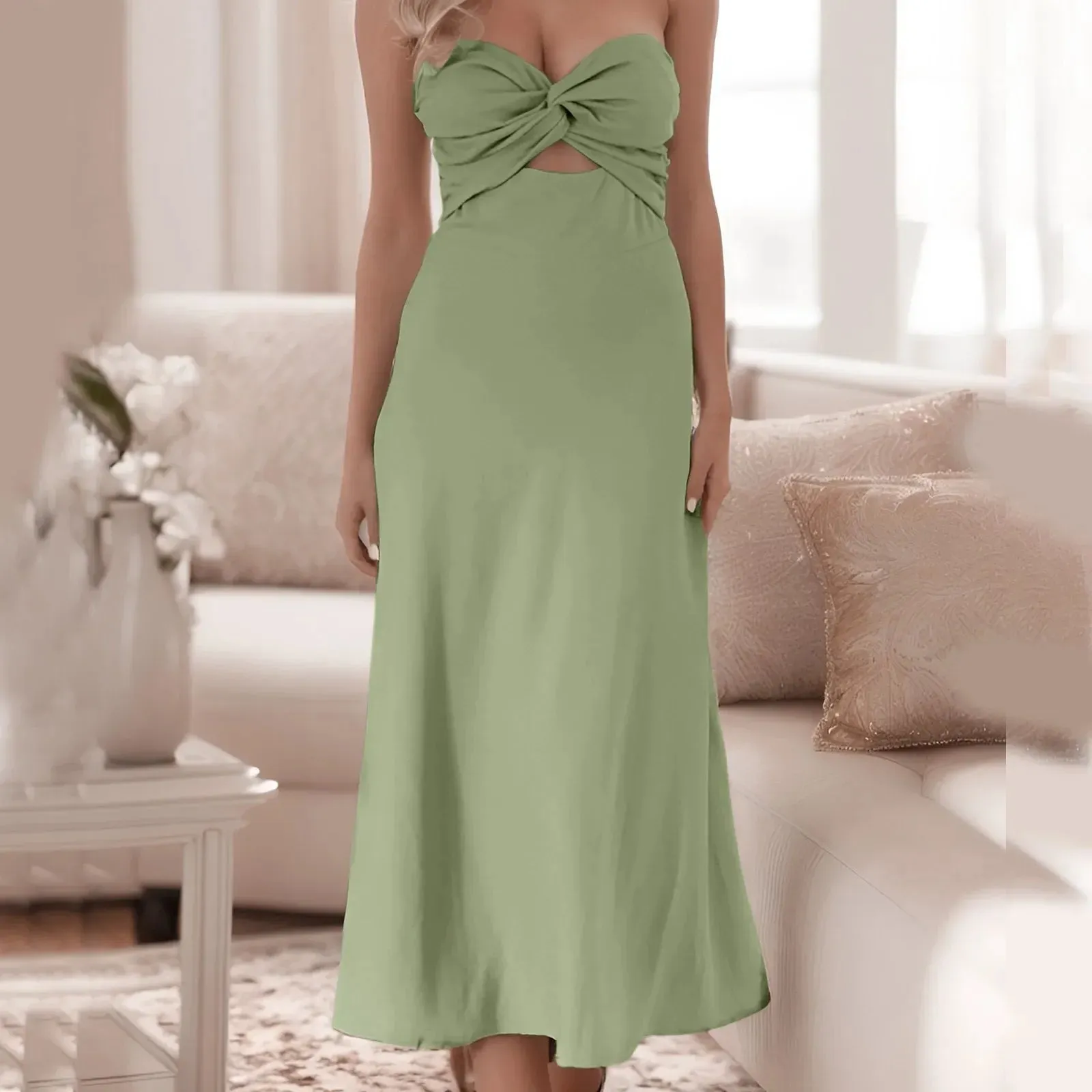 Solid Color Knotted Boat Neck Hollow Strapless Club Party Evening Midi Fashion Dress