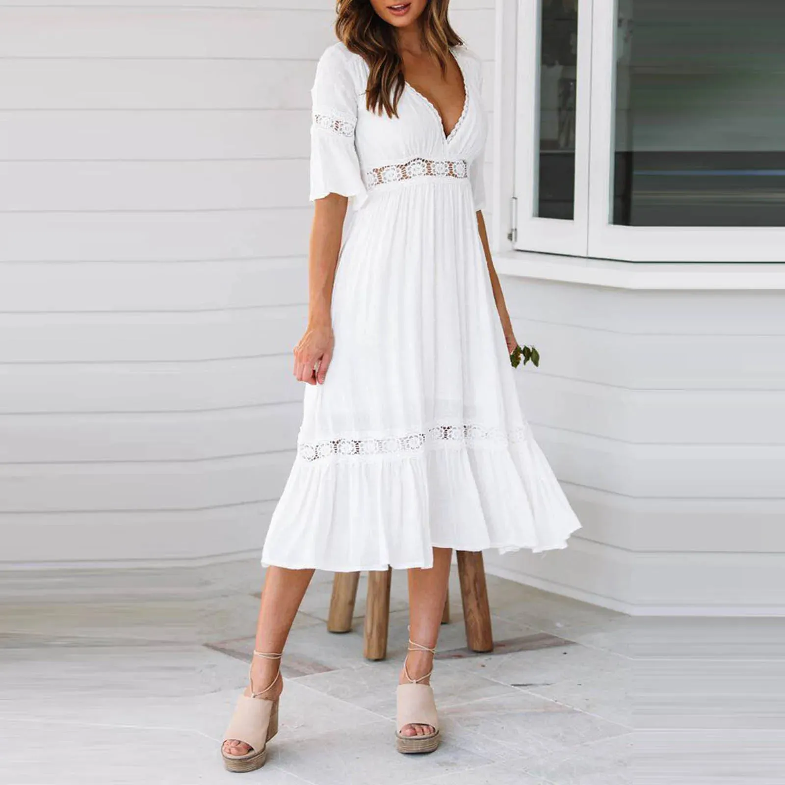 Splice White Party Summer Dance Wear A Line Pareo Costume Sexy V Neck Chic Midi Lace Dress