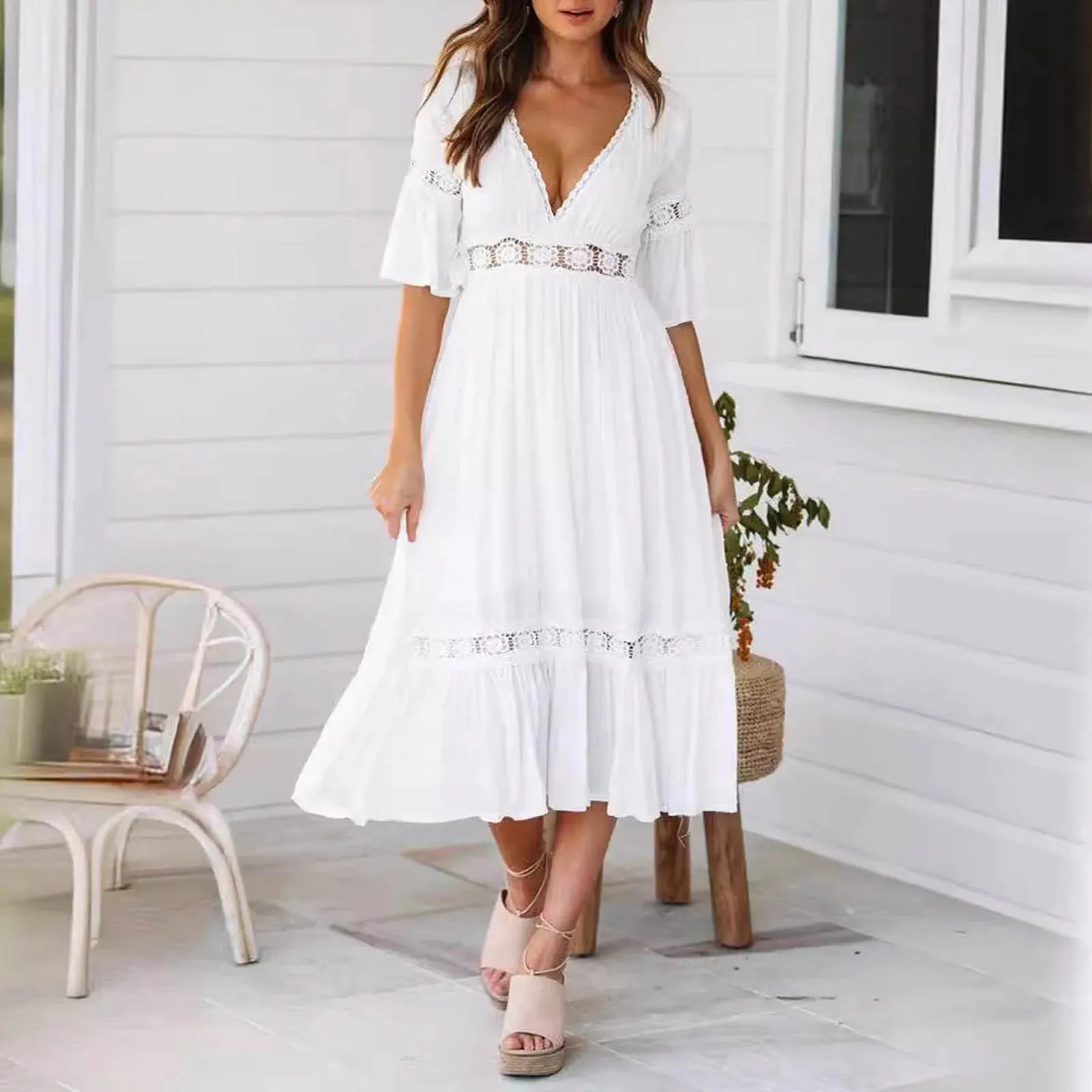 Splice White Party Summer Dance Wear A Line Pareo Costume Sexy V Neck Chic Midi Lace Dress