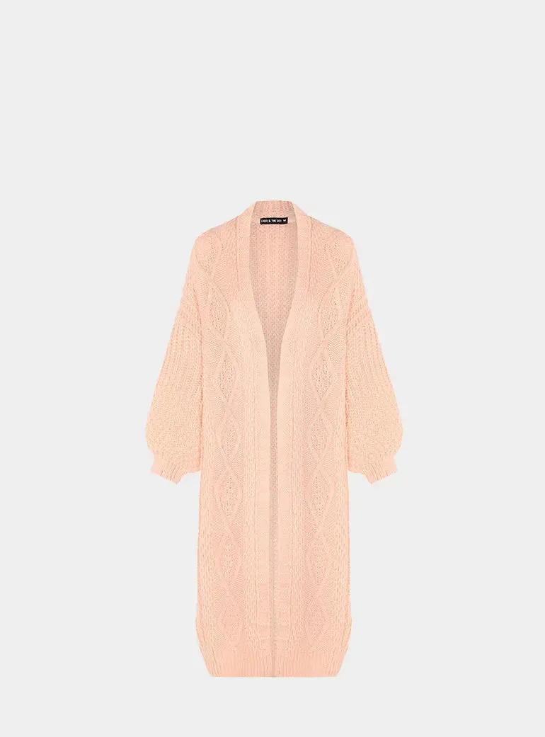 Stevie Cable Balloon Sleeve Long Cardigan - Peach