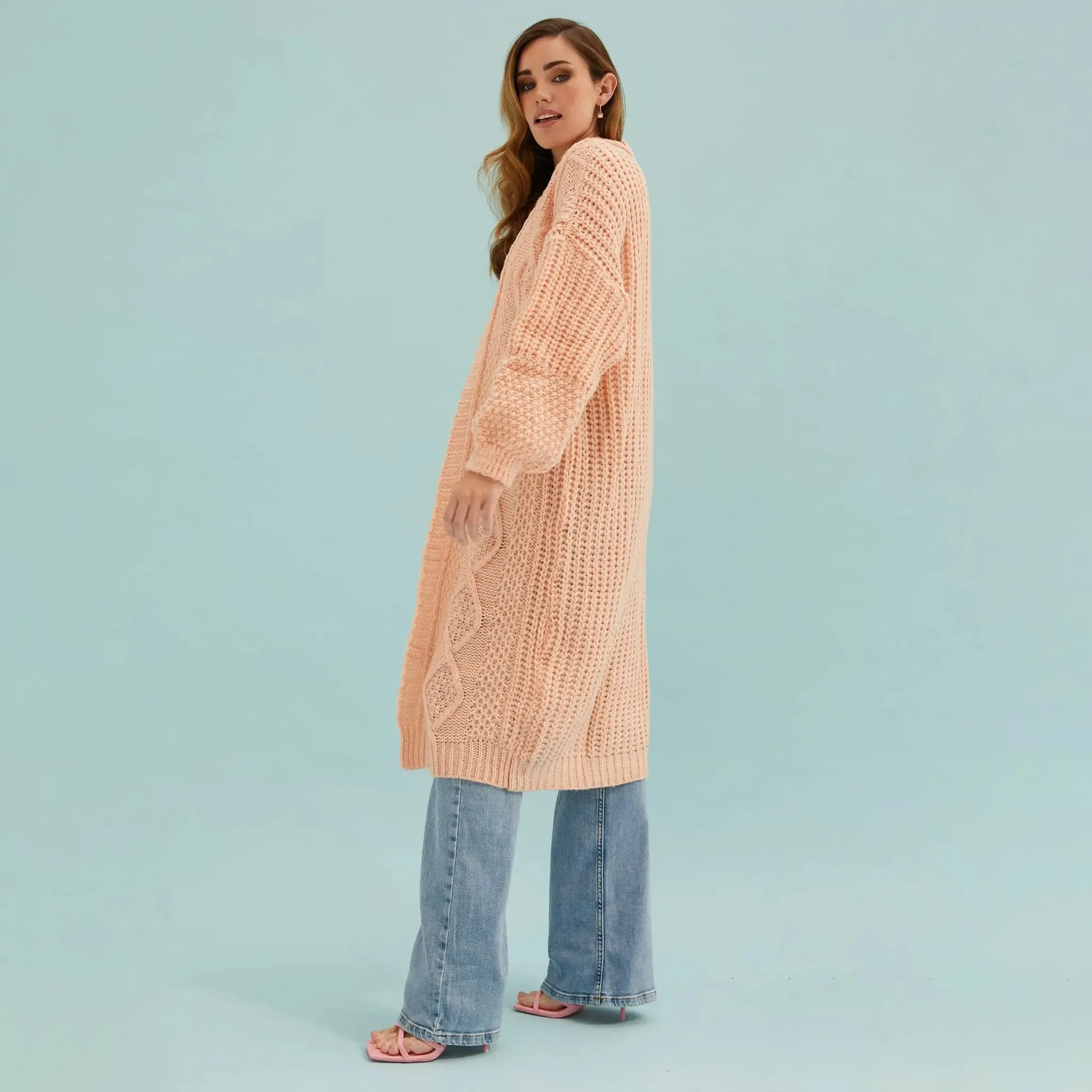 Stevie Cable Balloon Sleeve Long Cardigan - Peach