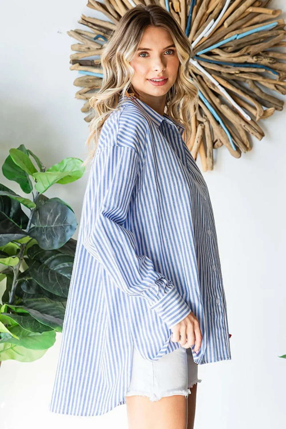 Striped Button Down High-Low Hem Shirt