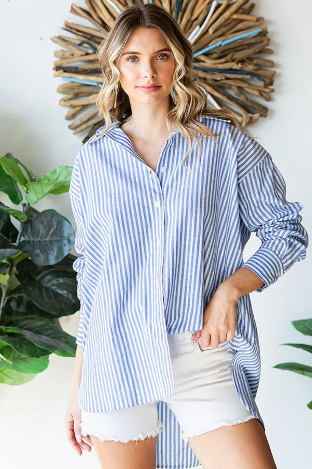 Striped Button Down High-Low Hem Shirt