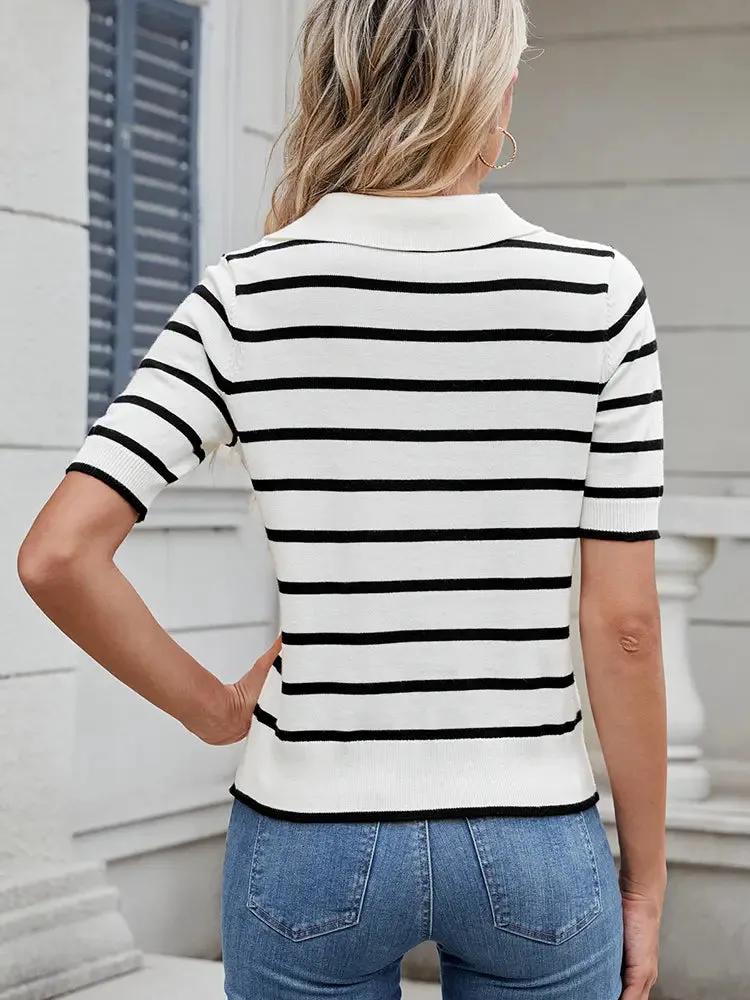 Striped Knit Polo Short-Sleeve Sweater