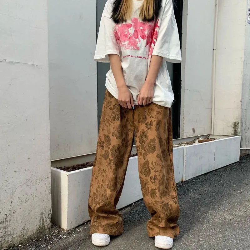 Summer Thin Retro Corduroy Pants Women Harajuku Printed Baggy Wide Leg Trousers Teen High Street Unisex Hip Hop Pants