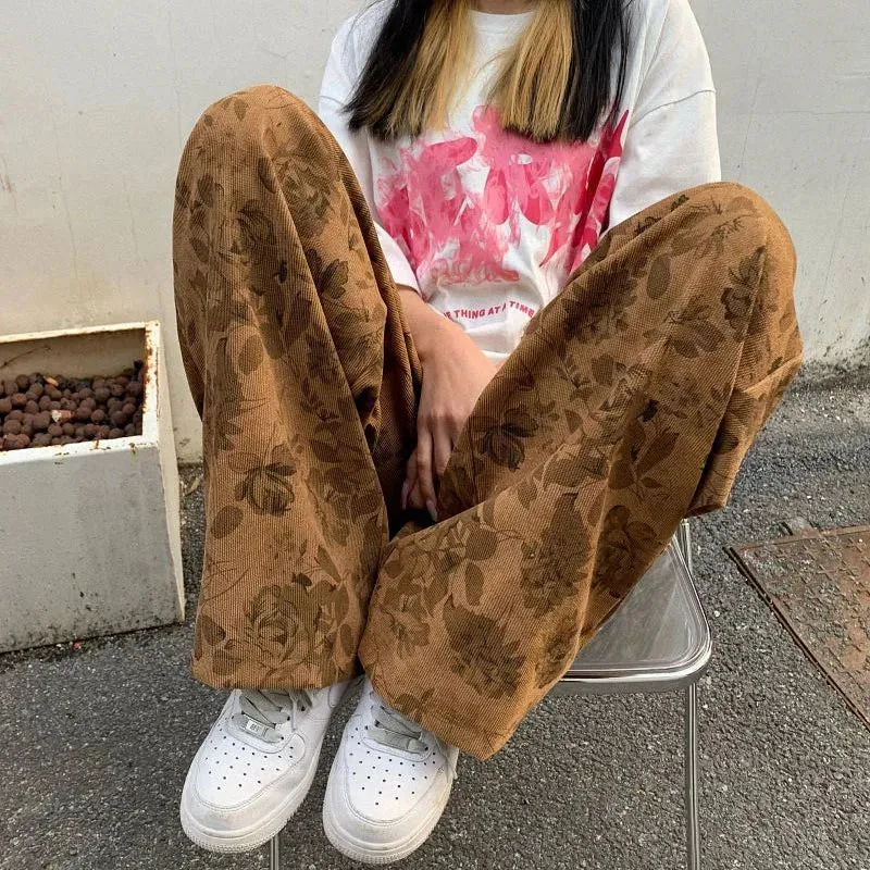 Summer Thin Retro Corduroy Pants Women Harajuku Printed Baggy Wide Leg Trousers Teen High Street Unisex Hip Hop Pants