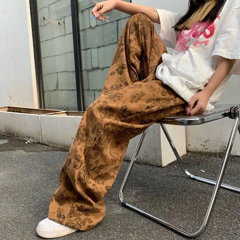 Summer Thin Retro Corduroy Pants Women Harajuku Printed Baggy Wide Leg Trousers Teen High Street Unisex Hip Hop Pants