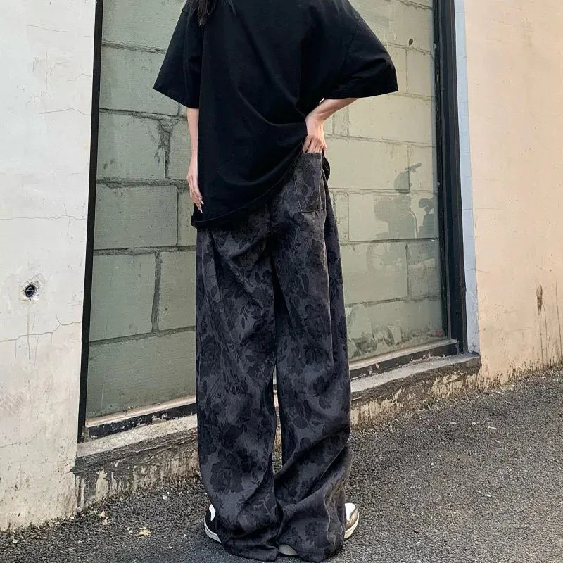 Summer Thin Retro Corduroy Pants Women Harajuku Printed Baggy Wide Leg Trousers Teen High Street Unisex Hip Hop Pants