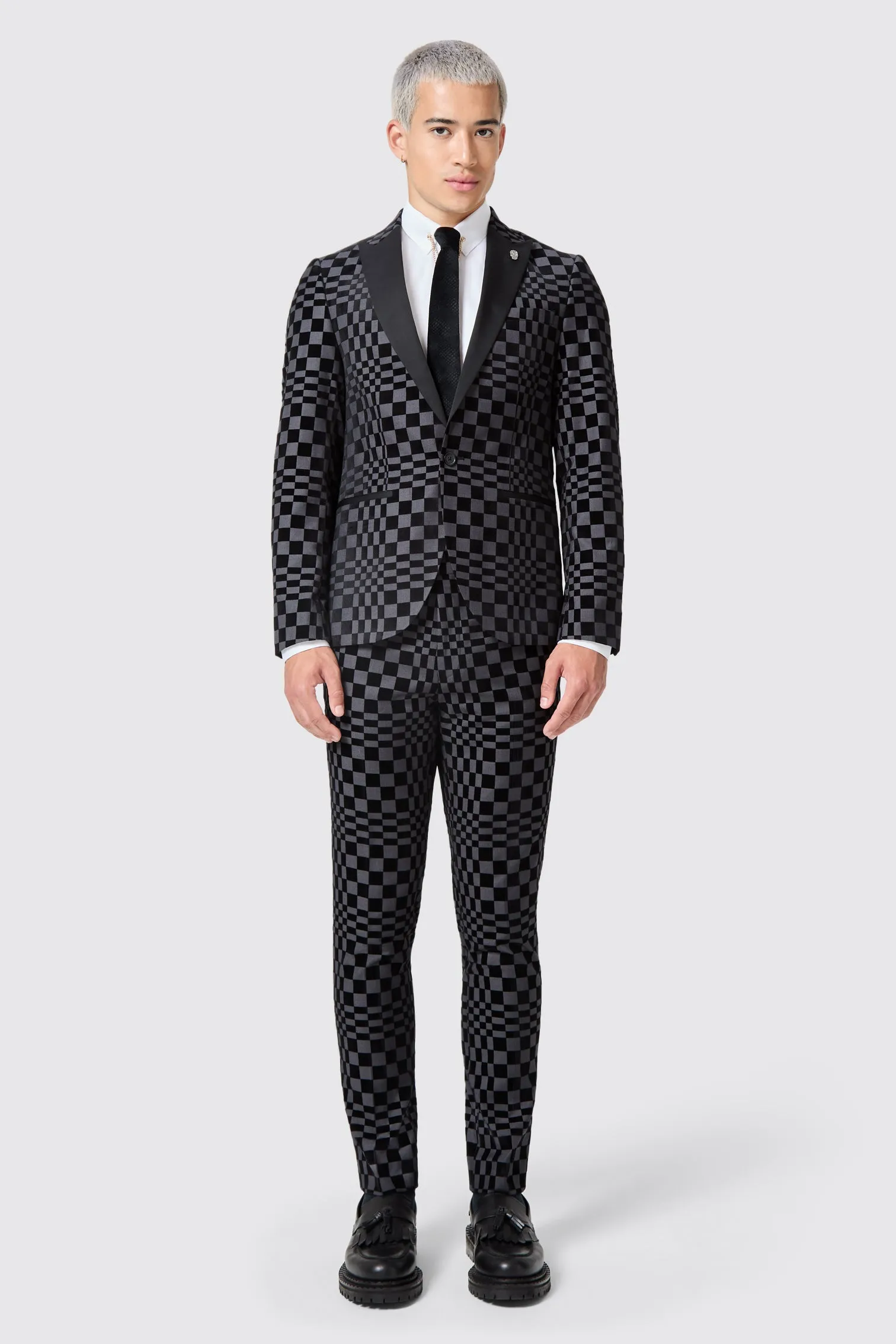 Tiber Skinny Fit Grey Check Tuxedo Trousers