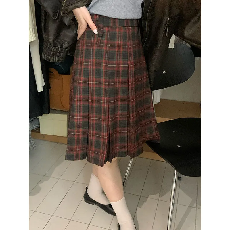 Toleet 2000s fashion 2024 Autumn and Winter Retro Plaid Skirt Temperament Midi Skirt A- line Pleated Skirt