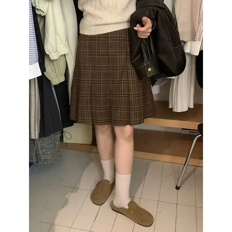 Toleet 2000s fashion 2024 Autumn and Winter Retro Plaid Skirt Temperament Midi Skirt A- line Pleated Skirt