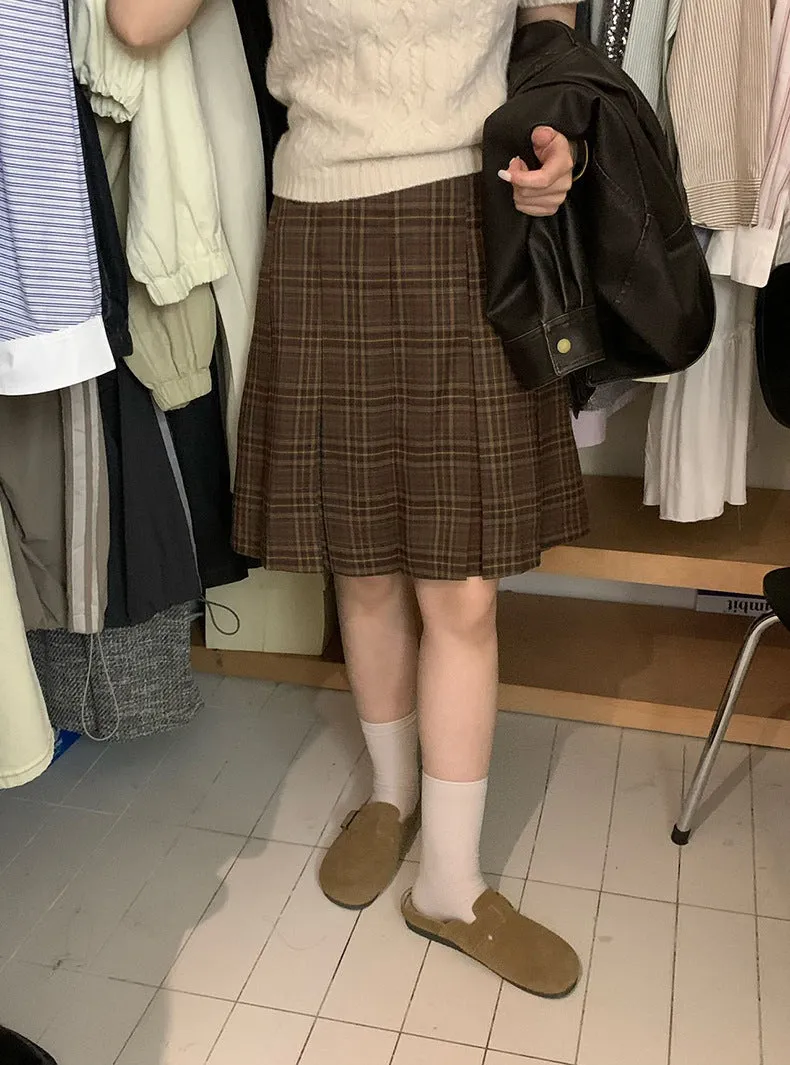 Toleet 2000s fashion 2024 Autumn and Winter Retro Plaid Skirt Temperament Midi Skirt A- line Pleated Skirt