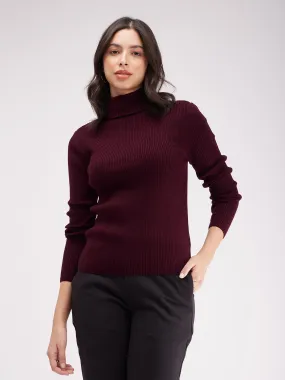 Turtle Neck Ribbed Sweater - Wine