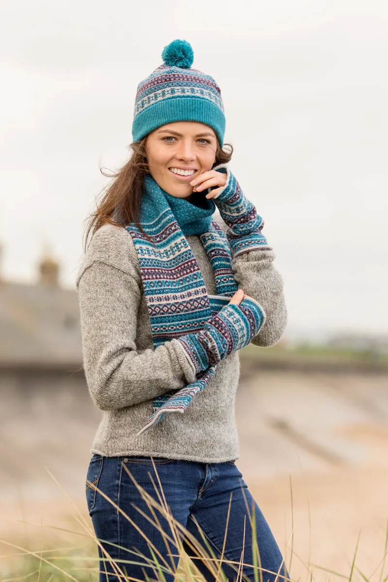 Tweed Fair isle wrist warmer fingerless gloves - Teal