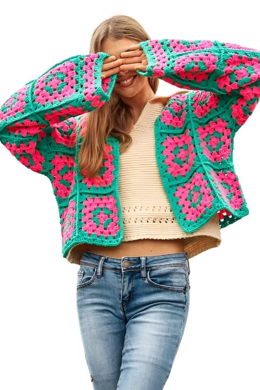 Two-Tone Floral Square Crochet Open Knit Cardigan