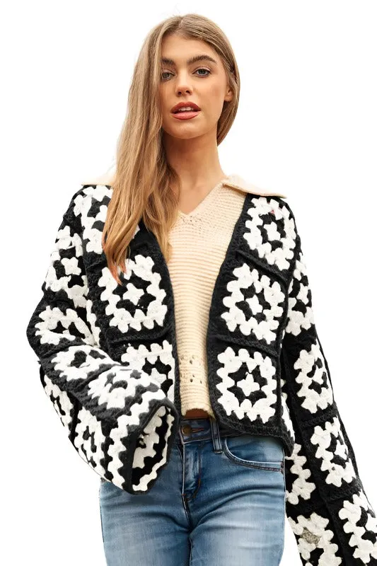 Two-Tone Floral Square Crochet Open Knit Cardigan