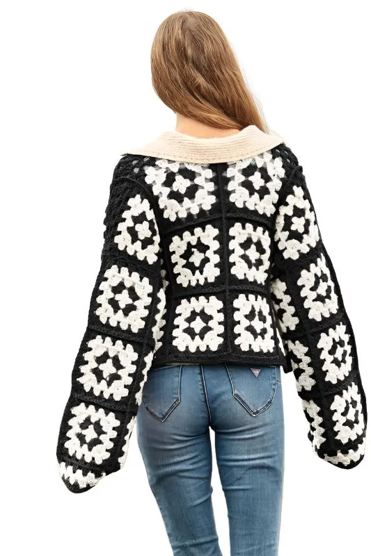 Two-Tone Floral Square Crochet Open Knit Cardigan