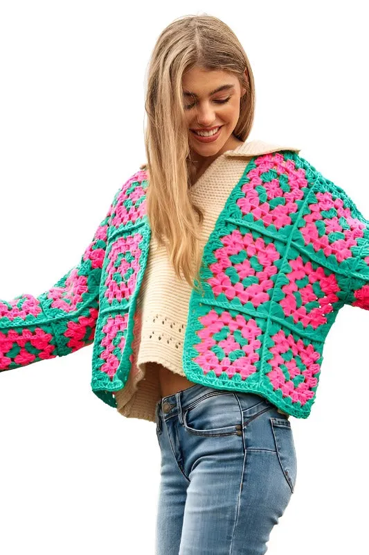 Two-Tone Floral Square Crochet Open Knit Cardigan