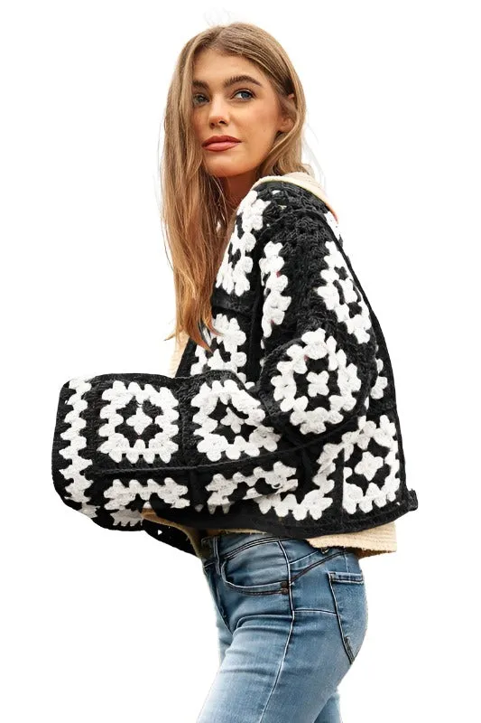 Two-Tone Floral Square Crochet Open Knit Cardigan