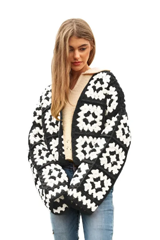 Two-Tone Floral Square Crochet Open Knit Cardigan