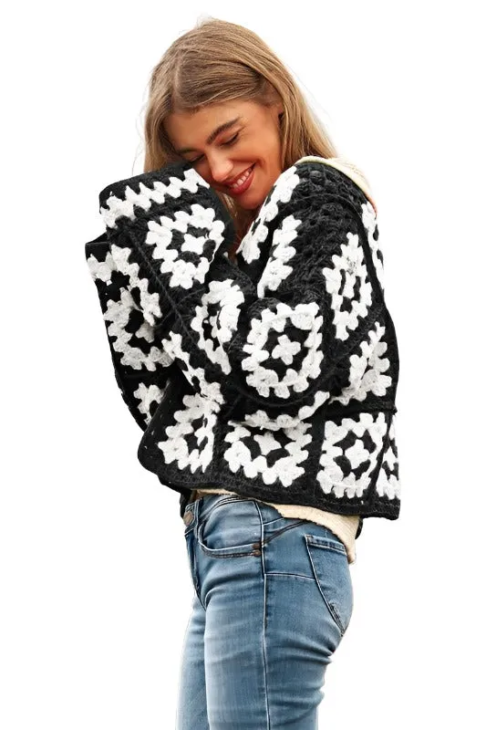 Two-Tone Floral Square Crochet Open Knit Cardigan