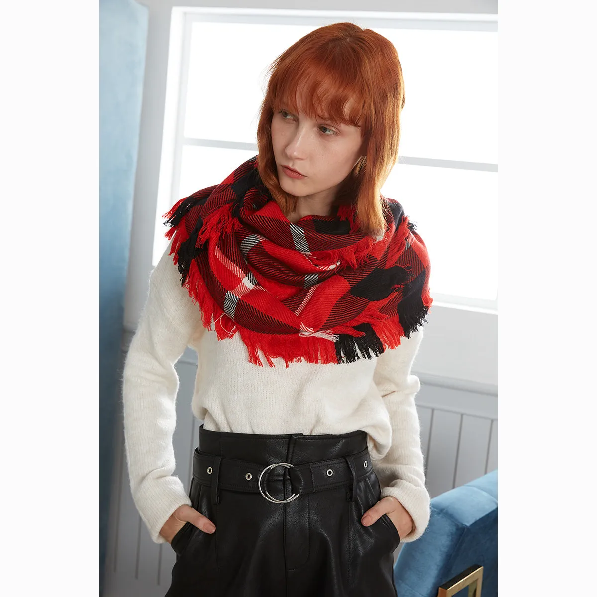 Ugg Fringed Check Wool Scarf Red and Check