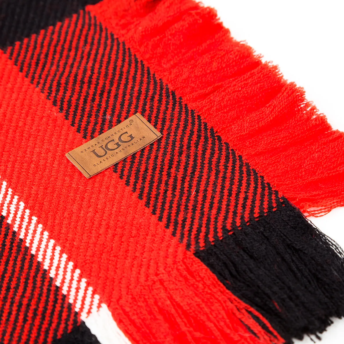 Ugg Fringed Check Wool Scarf Red and Check