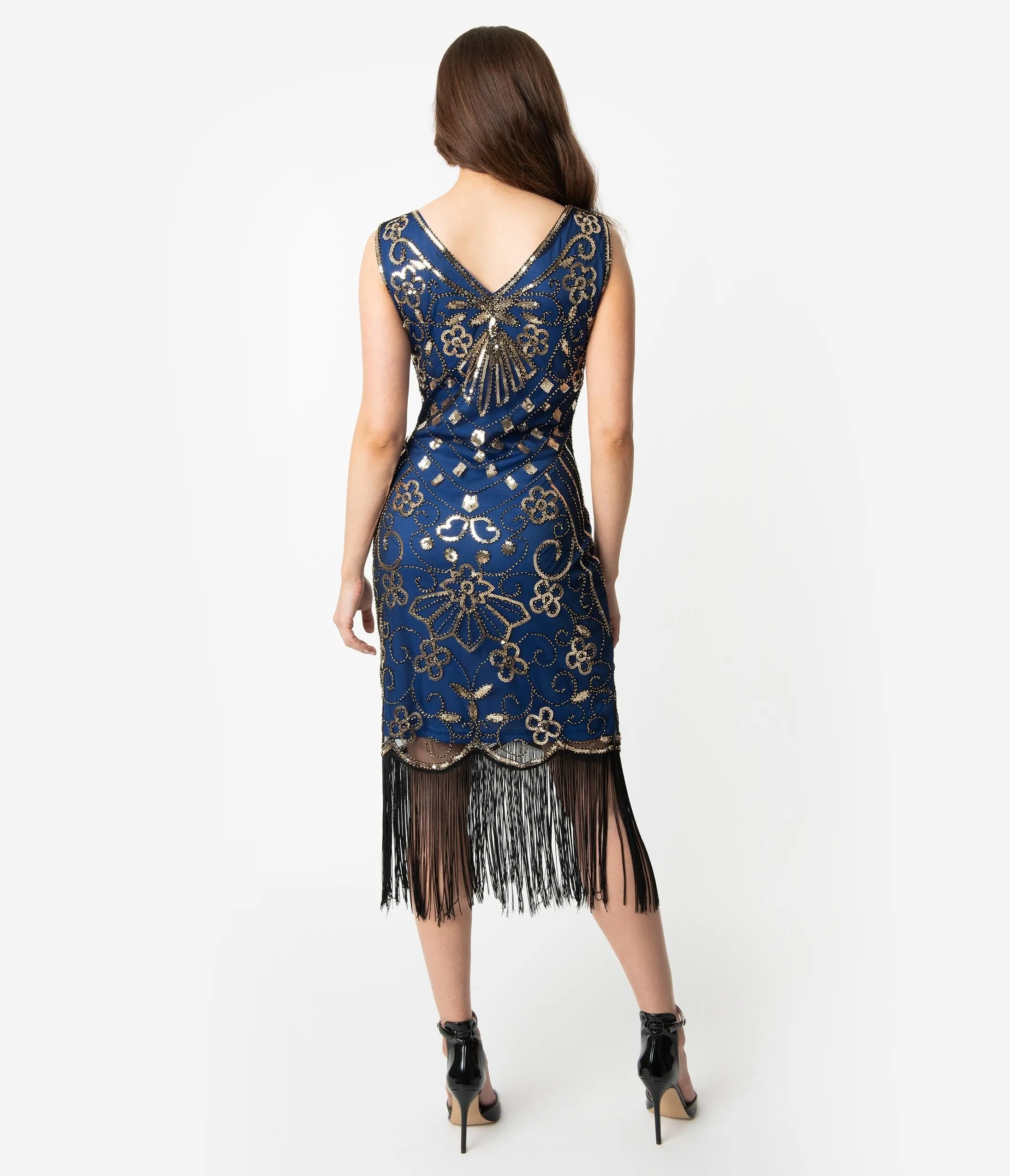 Unique Vintage Deco Style Blue & Gold Sequin Laurentine Fringe Flapper Dress