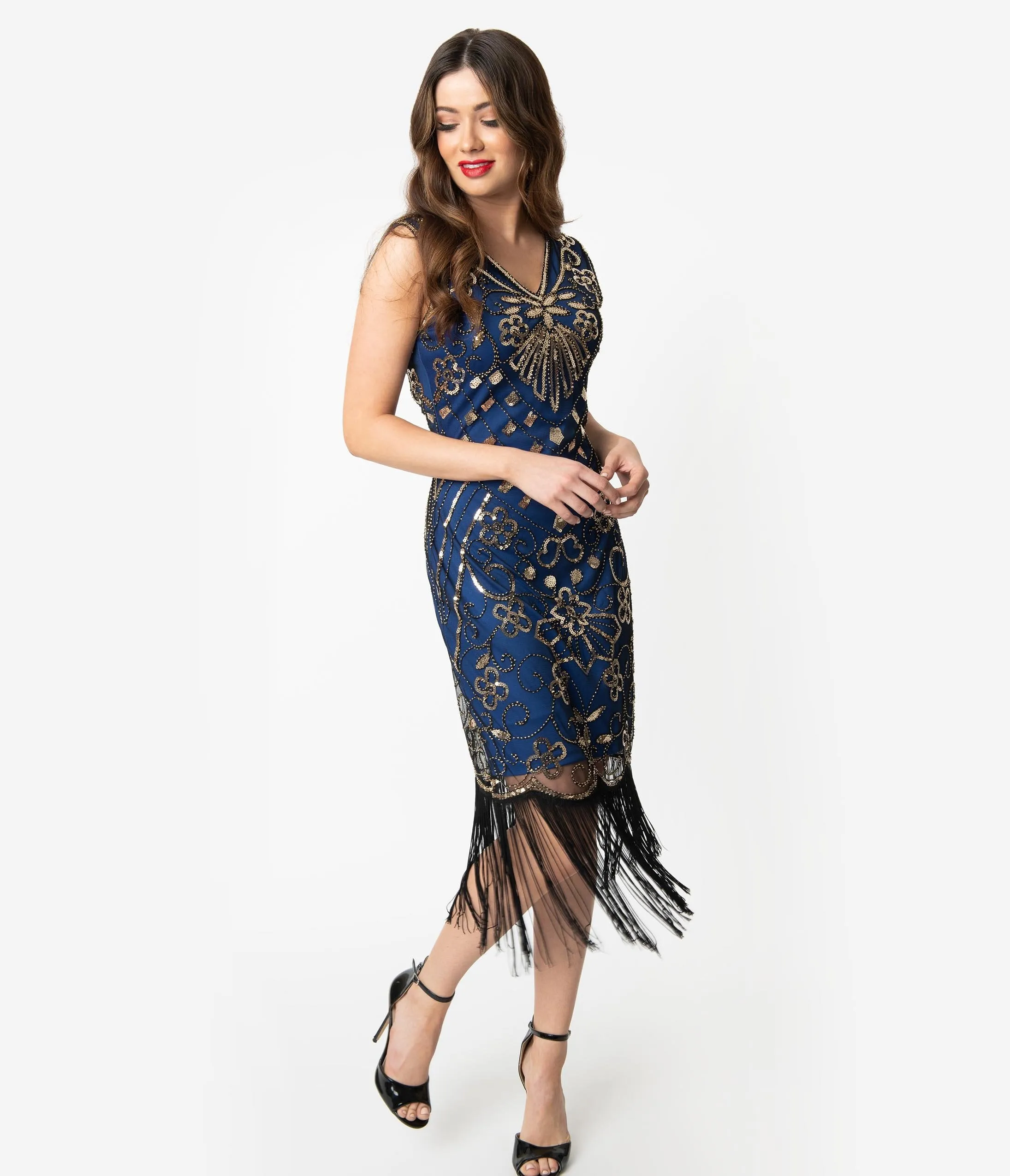 Unique Vintage Deco Style Blue & Gold Sequin Laurentine Fringe Flapper Dress