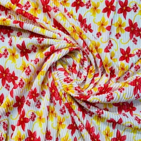 White With Red Yellow Floral Pleated Knitted Satin Fabric