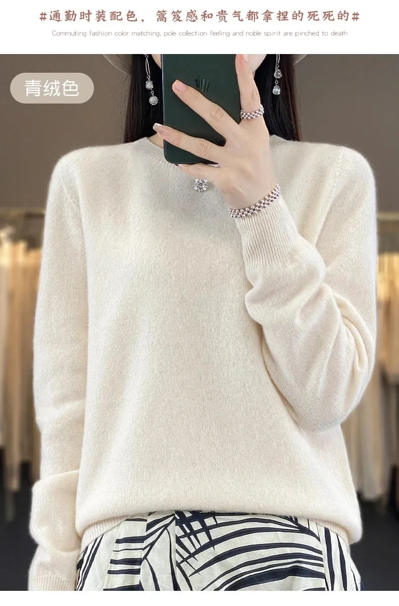 Women 100% Pure Merino Wool Knitted Sweater Autumn Winter Fashion O-Neck Pullover Seamless Jumper Tops Cashmere Warm Clothes