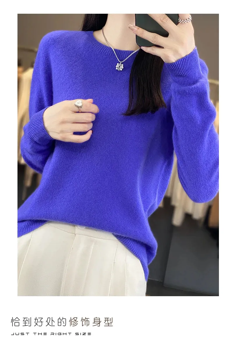 Women 100% Pure Merino Wool Knitted Sweater Autumn Winter Fashion O-Neck Pullover Seamless Jumper Tops Cashmere Warm Clothes