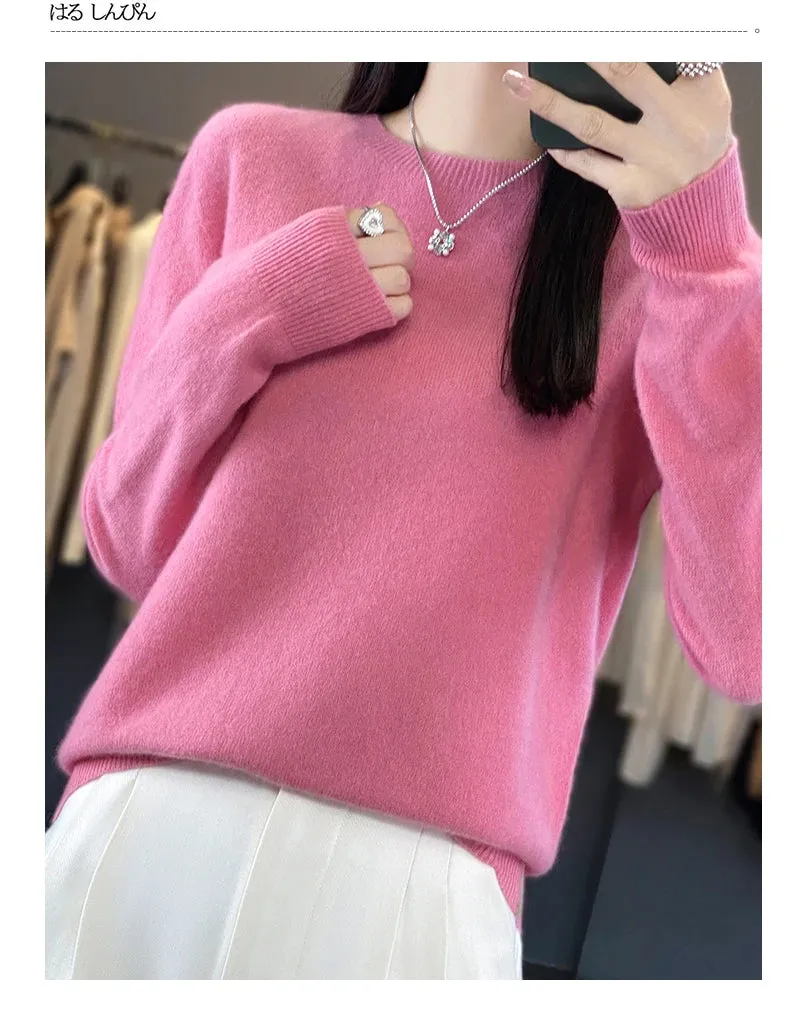 Women 100% Pure Merino Wool Knitted Sweater Autumn Winter Fashion O-Neck Pullover Seamless Jumper Tops Cashmere Warm Clothes