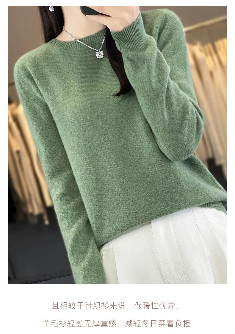 Women 100% Pure Merino Wool Knitted Sweater Autumn Winter Fashion O-Neck Pullover Seamless Jumper Tops Cashmere Warm Clothes