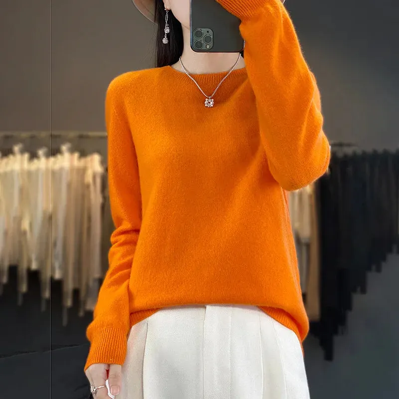 Women 100% Pure Merino Wool Knitted Sweater Autumn Winter Fashion O-Neck Pullover Seamless Jumper Tops Cashmere Warm Clothes