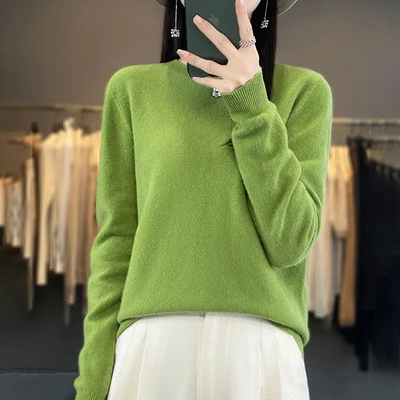 Women 100% Pure Merino Wool Knitted Sweater Autumn Winter Fashion O-Neck Pullover Seamless Jumper Tops Cashmere Warm Clothes