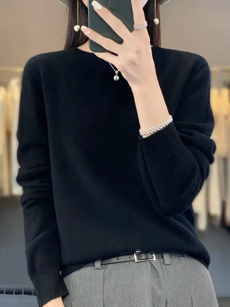 Women 100% Pure Merino Wool Knitted Sweater Autumn Winter Fashion O-Neck Pullover Seamless Jumper Tops Cashmere Warm Clothes