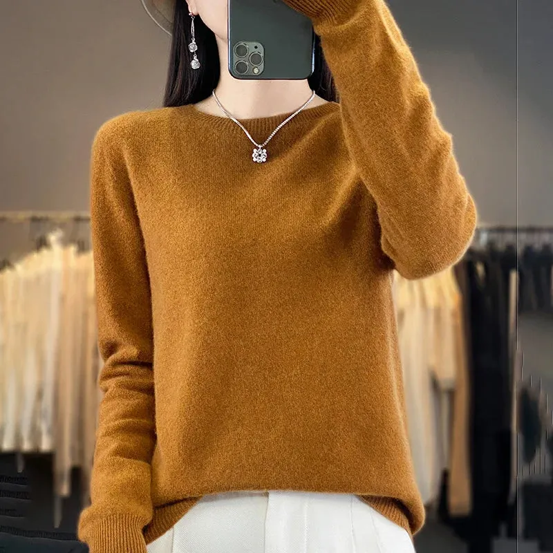 Women 100% Pure Merino Wool Knitted Sweater Autumn Winter Fashion O-Neck Pullover Seamless Jumper Tops Cashmere Warm Clothes