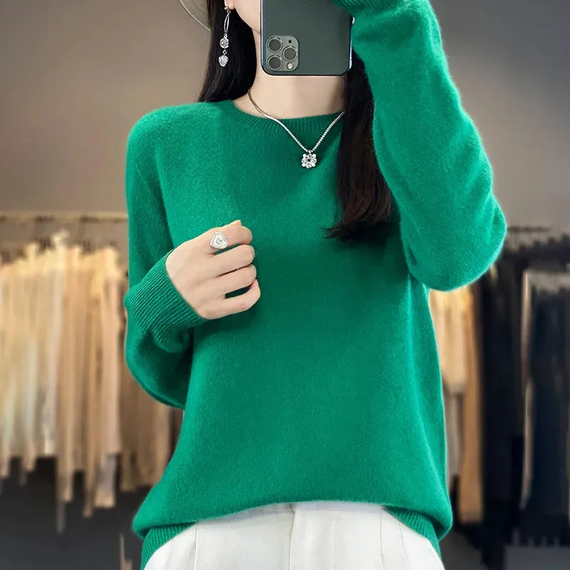 Women 100% Pure Merino Wool Knitted Sweater Autumn Winter Fashion O-Neck Pullover Seamless Jumper Tops Cashmere Warm Clothes