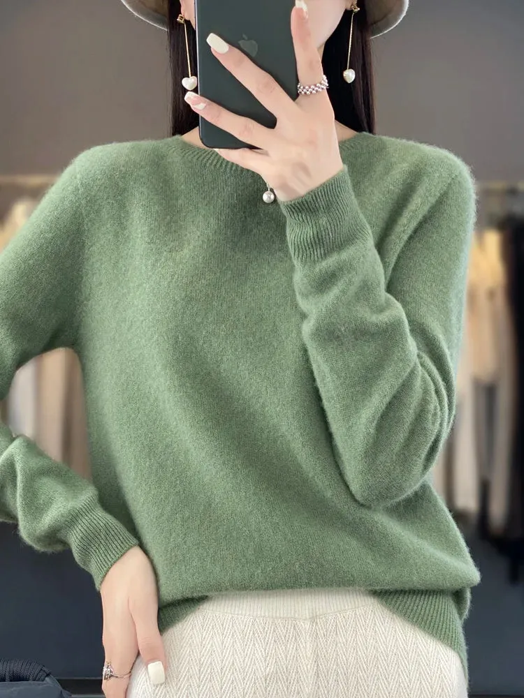 Women 100% Pure Merino Wool Knitted Sweater Autumn Winter Fashion O-Neck Pullover Seamless Jumper Tops Cashmere Warm Clothes