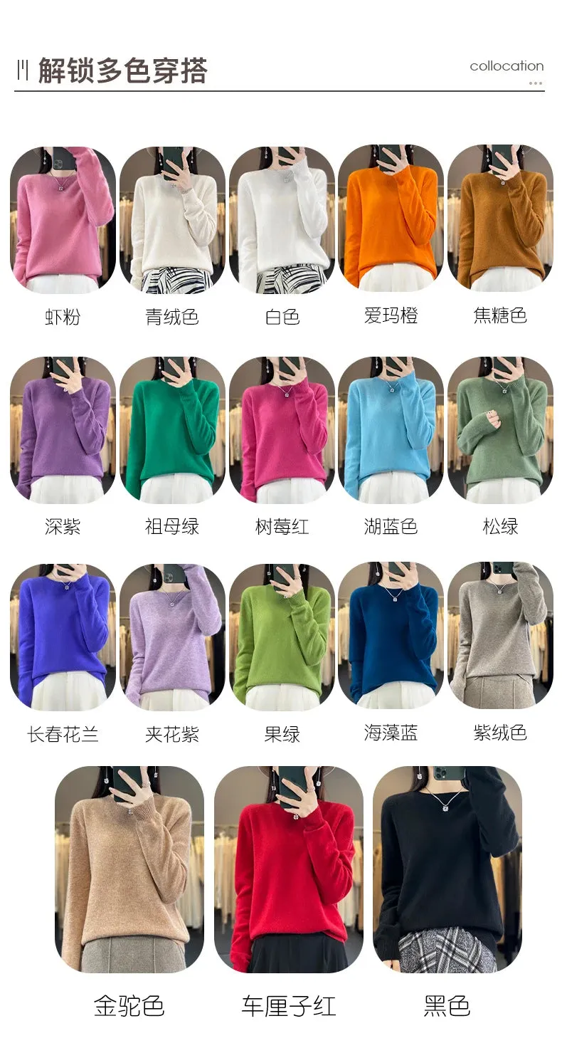 Women 100% Pure Merino Wool Knitted Sweater Autumn Winter Fashion O-Neck Pullover Seamless Jumper Tops Cashmere Warm Clothes