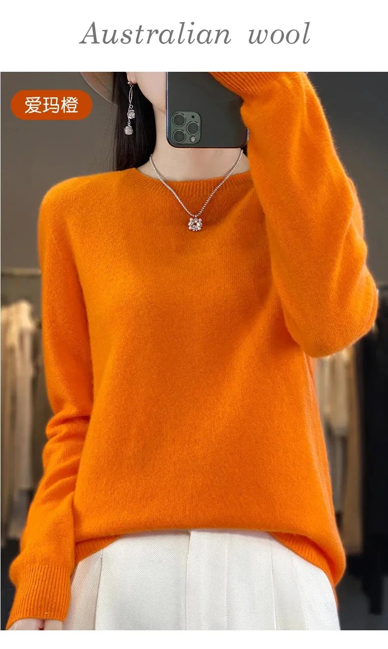 Women 100% Pure Merino Wool Knitted Sweater Autumn Winter Fashion O-Neck Pullover Seamless Jumper Tops Cashmere Warm Clothes