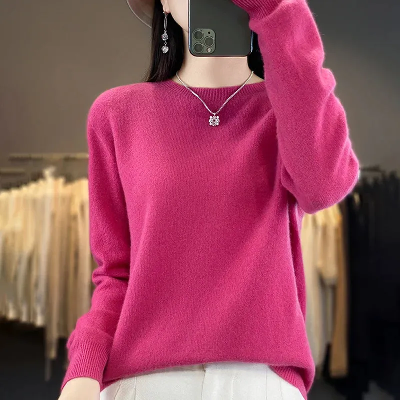 Women 100% Pure Merino Wool Knitted Sweater Autumn Winter Fashion O-Neck Pullover Seamless Jumper Tops Cashmere Warm Clothes