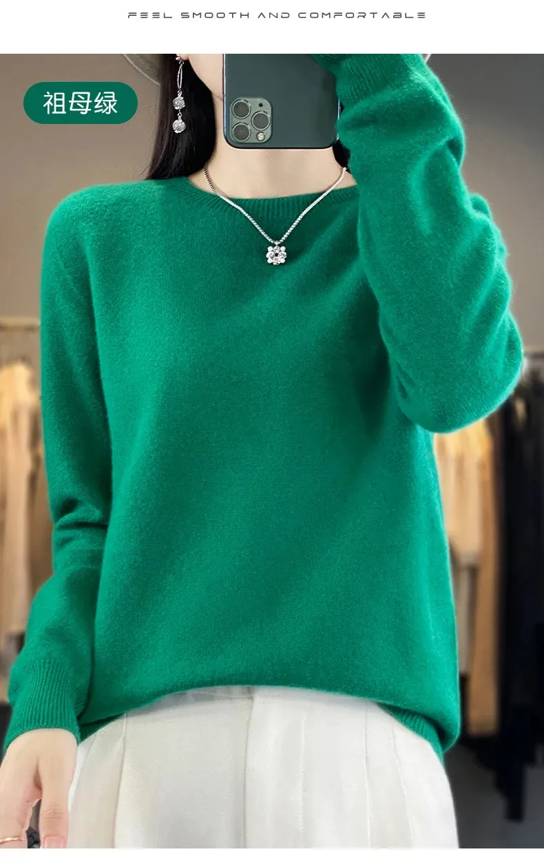 Women 100% Pure Merino Wool Knitted Sweater Autumn Winter Fashion O-Neck Pullover Seamless Jumper Tops Cashmere Warm Clothes