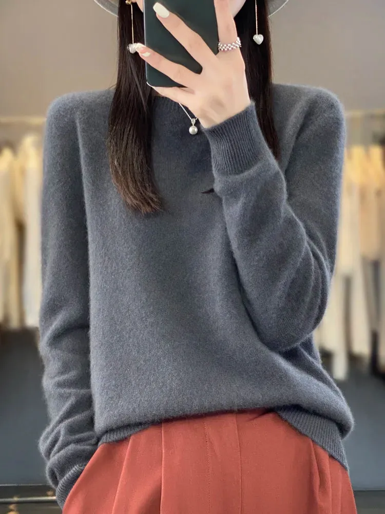 Women 100% Pure Merino Wool Knitted Sweater Autumn Winter Fashion O-Neck Pullover Seamless Jumper Tops Cashmere Warm Clothes