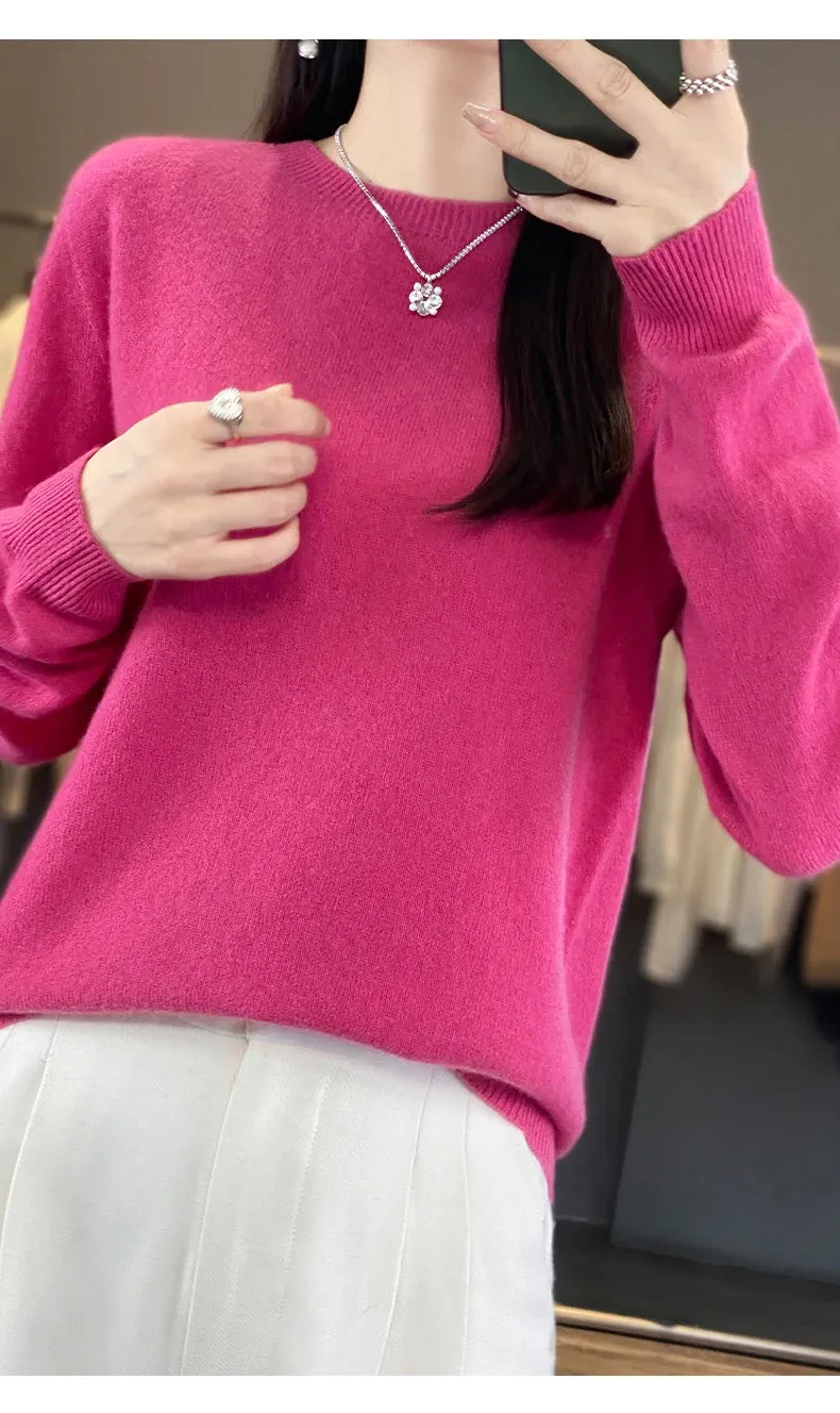 Women 100% Pure Merino Wool Knitted Sweater Autumn Winter Fashion O-Neck Pullover Seamless Jumper Tops Cashmere Warm Clothes