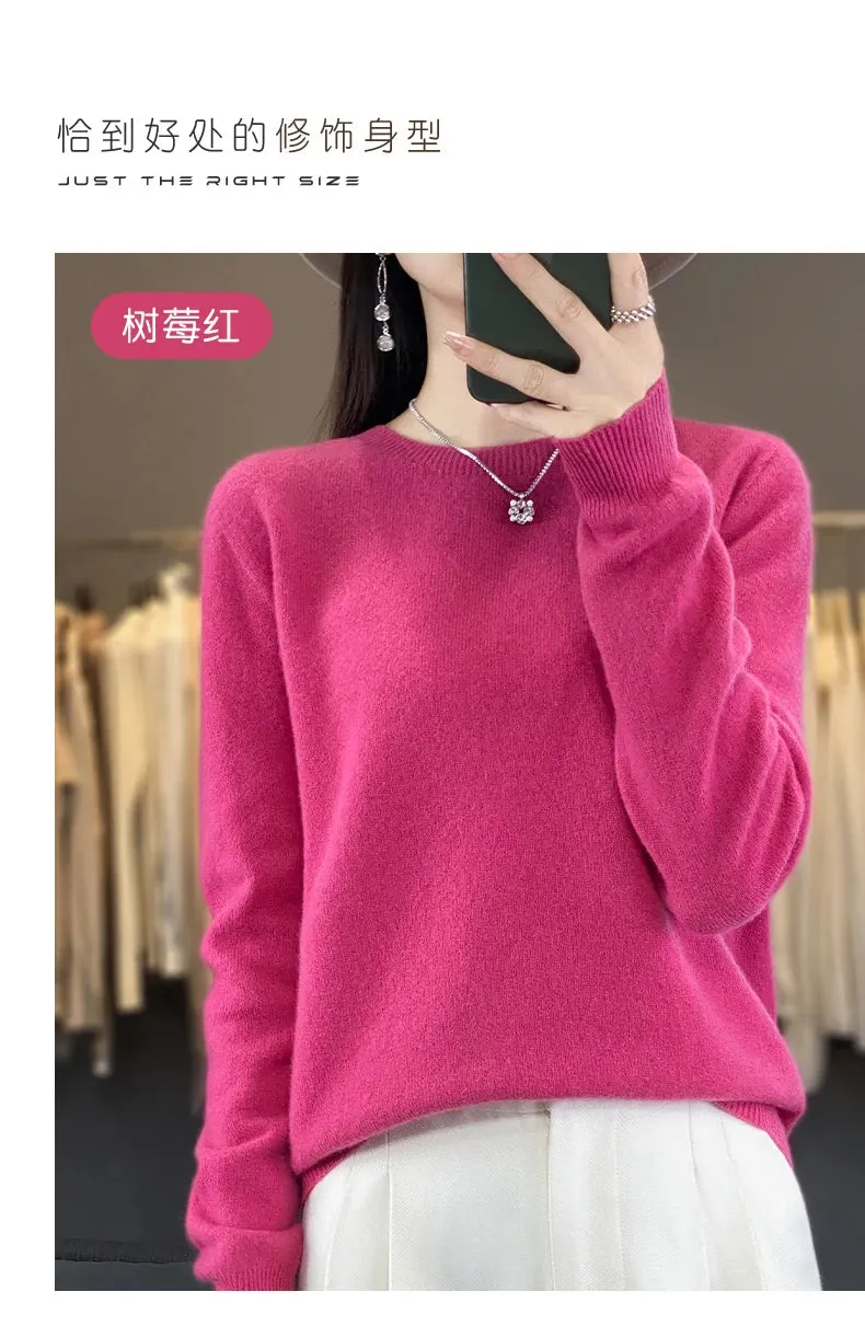 Women 100% Pure Merino Wool Knitted Sweater Autumn Winter Fashion O-Neck Pullover Seamless Jumper Tops Cashmere Warm Clothes